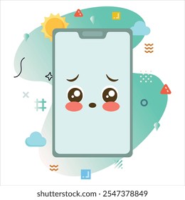 Illustration of a Smartphone with a Cute Hope Emoji, Surrounded by Colorful Graphic Elements and Eye catching Abstract Shapes | Hope Emoji Icon Design on Smartphone Screen
