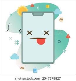 Ilustração de um Smartphone com um Emoji bonito nocauteado, cercado por elementos gráficos coloridos e olho pegando formas abstratas | Bloqueado Emoji Icon Design na tela do Smartphone