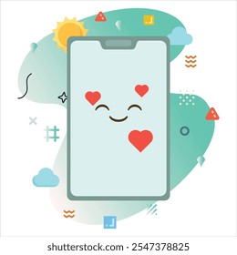 Illustration of a Smartphone with a Cute Loved one Emoji, Surrounded by Colorful Graphic Elements and Eye catching Abstract Shapes | Loved one Emoji Icon Design on Smartphone Screen