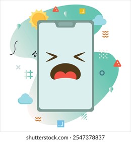 Ilustração de um Smartphone com um Emoji Mad bonito, cercado por elementos gráficos coloridos e olho pegando formas abstratas | Mad Emoji Icon Design na tela do Smartphone