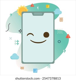 Ilustração de um Smartphone com um Emoji Pista bonito, cercado por elementos gráficos coloridos e olho pegando formas abstratas | Wink Emoji Icon Design na tela do Smartphone