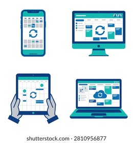 Illustration of smartphone desktop tablet and laptop showing cloud data analytics and dashboard interfaces