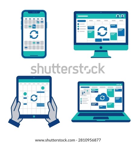 Illustration of smartphone desktop tablet and laptop showing cloud data analytics and dashboard interfaces