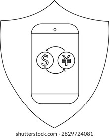 Illustration of a smartphone displaying a currency exchange between the US dollar and Japanese yen, protected by a shield, symbolizing secure mobile transactions.