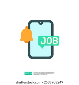Ilustração de um smartphone que exibe uma notificação de trabalho com um ícone de sino, simbolizando alertas de trabalho e oportunidades.