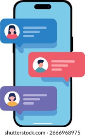 Ilustración de un teléfono inteligente que muestra múltiples burbujas de chat con avatares de usuario y mensajes, aislados sobre un fondo blanco