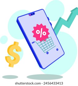 Illustration of a smartphone displaying a shopping cart with a discount tag, alongside a rising arrow and dollar sign, representing the surge in online sales. Vector illustration.