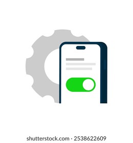 ilustração de um smartphone, equipamento e botão de alternância, simbolizando configurações de permissão de aplicativo ou ativação de permissões de aplicativo. para representar permissão de aplicativo móvel, configurações de privacidade e controle de acesso do usuário