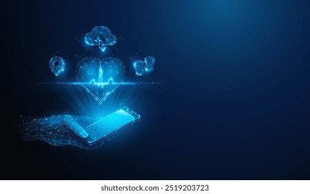 Ilustración de smartphone en mano con pulso cardíaco, gps, pasos y holograma de nube en estilo de baja poli. Fondo geométrico azul que representa el seguimiento de la aptitud, el cuidado de la salud y el concepto de medicina por wireframe