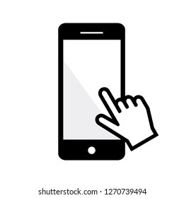 Illustration of a smartphone and hand to touch the screen.