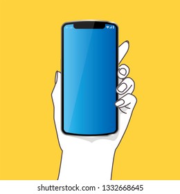 Illustration of smartphone held in hand, smartphone of blue screen, female hand, vector data