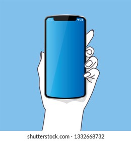 Illustration of smartphone held in hand, smartphone of blue screen, female hand, vector data