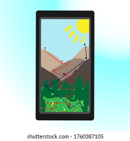 Illustration of a smartphone with mobile navigation applications on the screen. Abstract tourist route through the mountains with the elements stops .