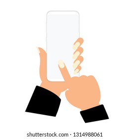 illustration smartphone on hands vector isolated on white background and empty space for text business, education and technology. hands are holding smartphone 