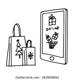 Ilustración de un smartphone en la pantalla con regalos en la canasta.  Pedido en línea.  Cerca hay dos bolsas de papel, una con copo de nieve, la otra con un árbol de Navidad.  Vector.