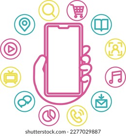 Illustration eines Smartphones und einer Hand, umgeben von Kommunikationssymbole. rosafarbenes Smartphone