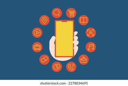 Illustration of a smartphone and one hand surrounded by communication icons. navy background