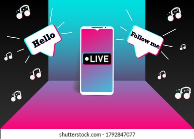 Illustration with a smartphone for online broadcasting in the style of a social network. Live video. Mobile app template. EPS10