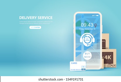 illustration of smartphone with Online delivery service application concept.Creative Paper cut and craft style on blue background.Graphic minimal map location order box transport.technology Vector