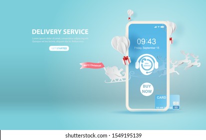 illustration of smartphone Online delivery service application concept.Merry Christmas season.Paper cut and craft style.Santa Claus riding with reindeer transport gift balloon fly air Vector EPS10