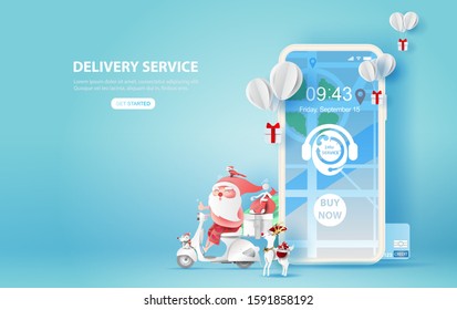 illustration of smartphone with Online delivery service application Merry Christmas and balloon gift box concept.Paper cut and craft style.Graphic map location order transport.Mobile device Vector