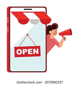 Illustration of a smartphone opened as a shop and the shop owner is advertising