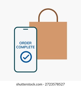Ilustración de un teléfono inteligente con el mensaje 'Pedido completo' y una bolsa de la compra. Representa las compras en línea, la finalización de pedidos y el éxito del comercio electrónico. Vector de elemento de diseño.