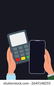 Illustration of smartphone payment using EDC machine, representing modern digital transactions, contactless payment, and cashless shopping experience.