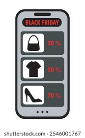Illustration of a smartphone screen with an app and Black Friday promotions: images of products with discounts. Suitable for sales, shopping and e-commerce themes.