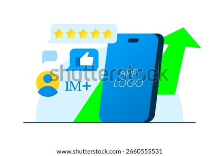 illustration of smartphone screen with app icon, user symbol, and rising graph. growth, popularity, increasing downloads, or successful mobile application startups performance