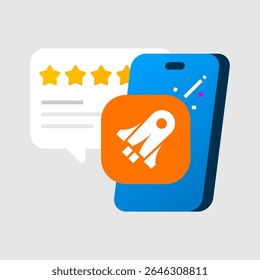 Ilustração da tela do smartphone exibindo o ícone do aplicativo com classificação de estrelas e seção de revisão do usuário. para conceitos como feedback de aplicativo, classificar este aplicativo, experiência do usuário e revisão de aplicativo móvel