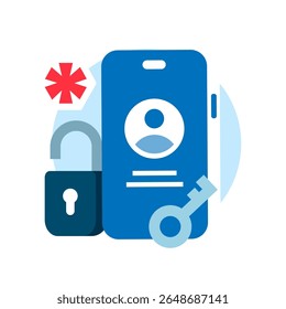 Ilustración de la pantalla del teléfono inteligente que muestra el perfil del usuario, el candado, la llave. Inicio de sesión detectado en el nuevo dispositivo, alerta de seguridad de Cuenta, protección de datos, acceso seguro