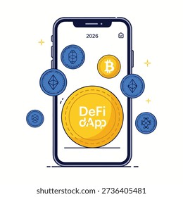 Illustration of a smartphone screen showing DeFi dApp and cryptocurrency coins