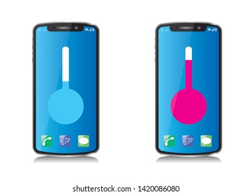 Illustration of smartphone screen with temperature display, set of low temperature and high temperature, illustration of phone