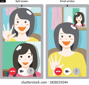 Illustration of smartphone screens of two young women making video calls, no lines, 2 patterns