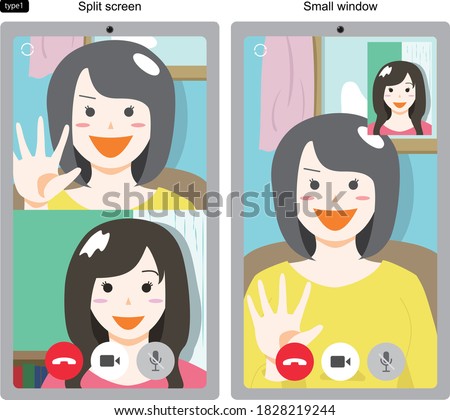 Illustration of smartphone screens of two young women making video calls, no lines, 2 patterns