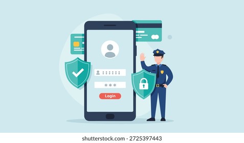Ilustración de un teléfono inteligente con una pantalla de Inicio de sesión segura, custodiado por un oficial de policía, que simboliza la protección de datos y la privacidad en línea.