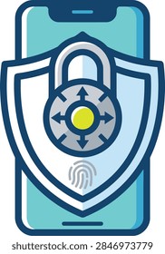 Illustration of smartphone security shield featuring fingerprint and lock symbols