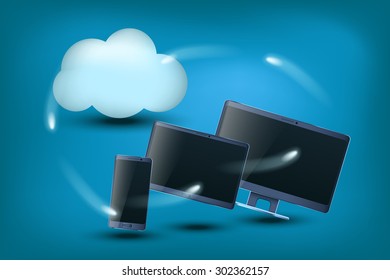 illustration of smartphone and tablet with cloud connection on blue background