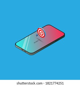 Illustration of a smartphone with a target in isometric view on an isolated white background. Vector EPS10