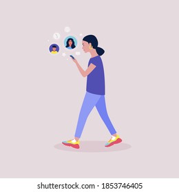 Illustration of smartphone video call to a friend, study online, business meeting. Colorful flat vector illustration.