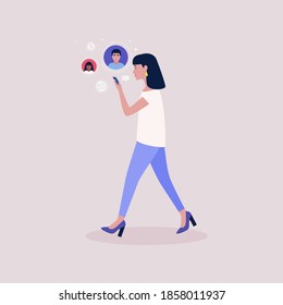 Illustration of smartphone video call to a friend, study online, business meeting. Colorful flat vector illustration.