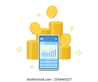 Illustration of Smartphones and Money. Online account management and asset management. View graphs and statements in the app.