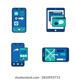 Illustration of smartphones and tablets displaying various app interfaces including messaging navigation and settings