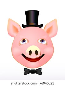 Illustration of smile head of PIG in a HAT and a TIE-butterfly. Vector.