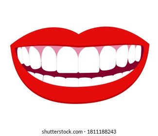 Illustration of smile mouth with perfect white teeth and red lips. Vector isolated elements EPS10