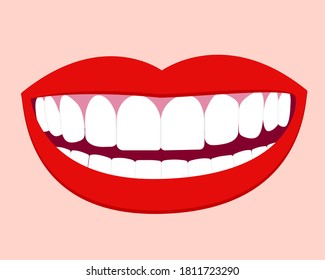 Illustration of smile mouth with perfect white teeth and red lips. Vector isolated elements EPS10