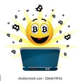 Ilustración de ganarse una sonrisa en la red con moneda de bitcoin. Ganancia independiente. 