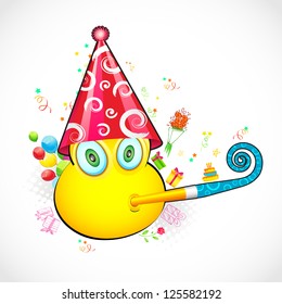 illustration of smiley face with birthday cap and balloon