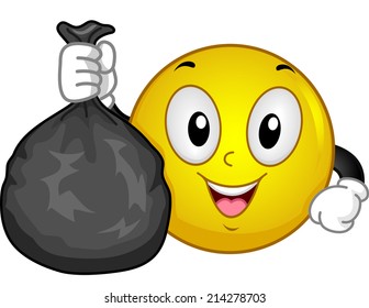 Illustration of a Smiley Holding a Thrash Bag Full of Garbage